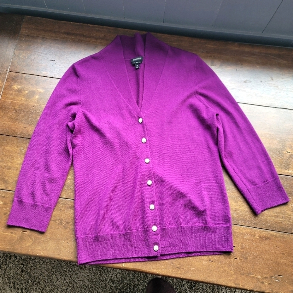 Talbots Pure Merino Wool Rhinestone Button Cardigan sz M Electric Purple